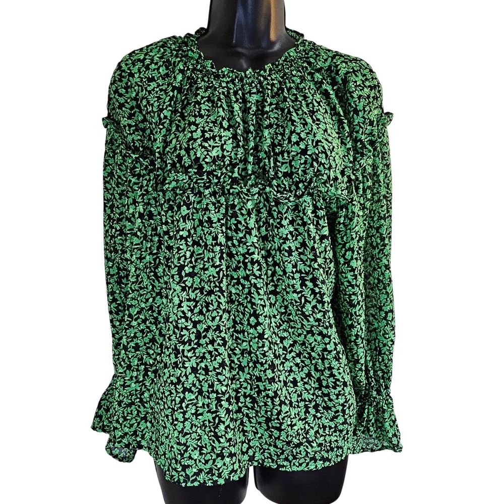 Who What Wear Blouse Womens Medium Green Black Floral Smocked Ruffle Cottagecore
